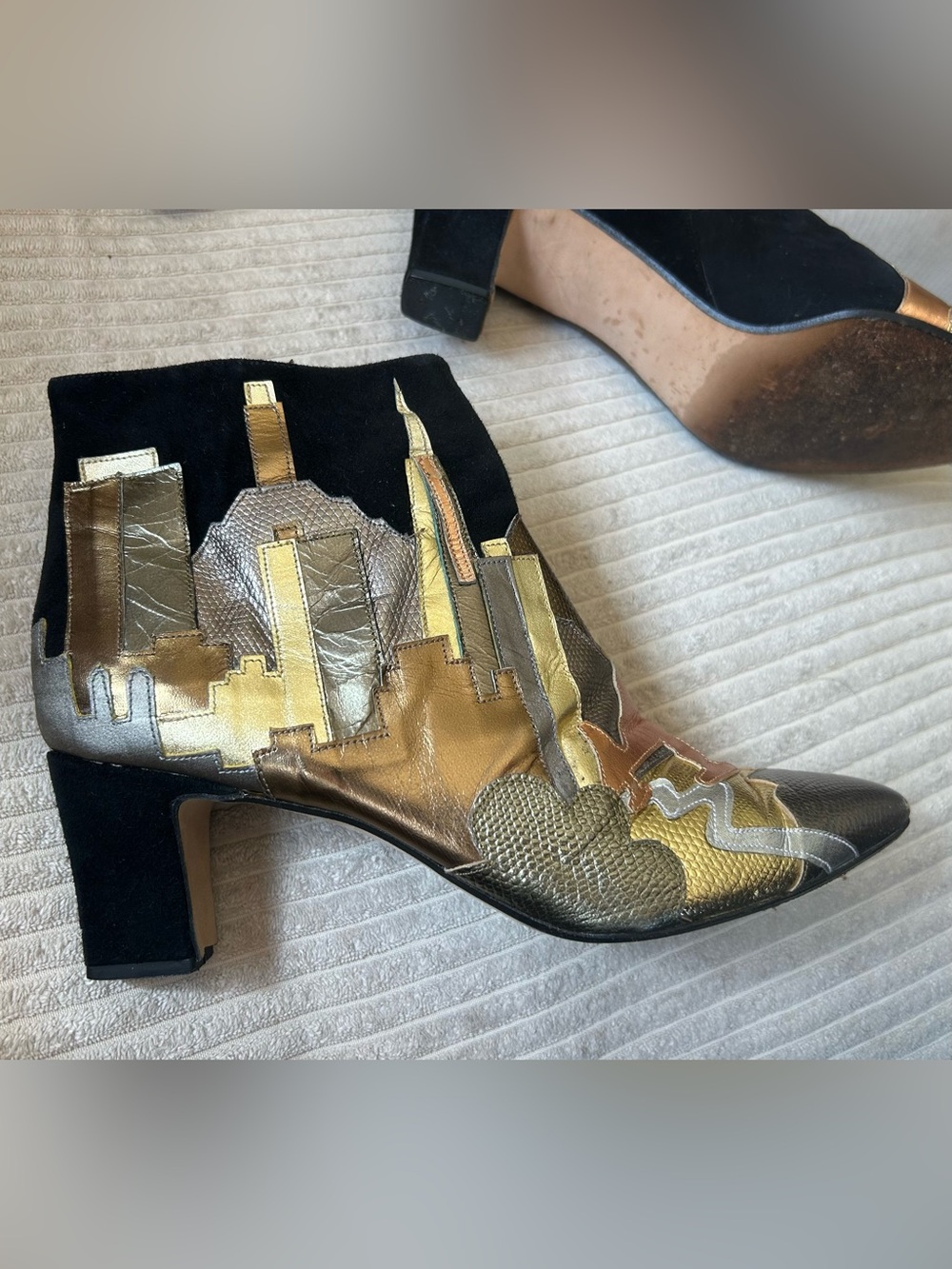 Zalo Black Suede Ankle Boots with Metallic Appliqué San Francisco Skyline
